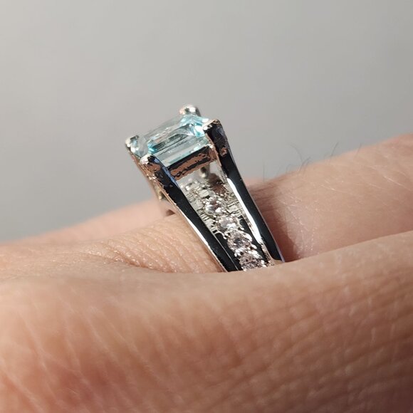 VTG 18K 925 Natural Square Princess Cut Swiss Blue Clean Thick Band Ring Sz 5 - Picture 15 of 16